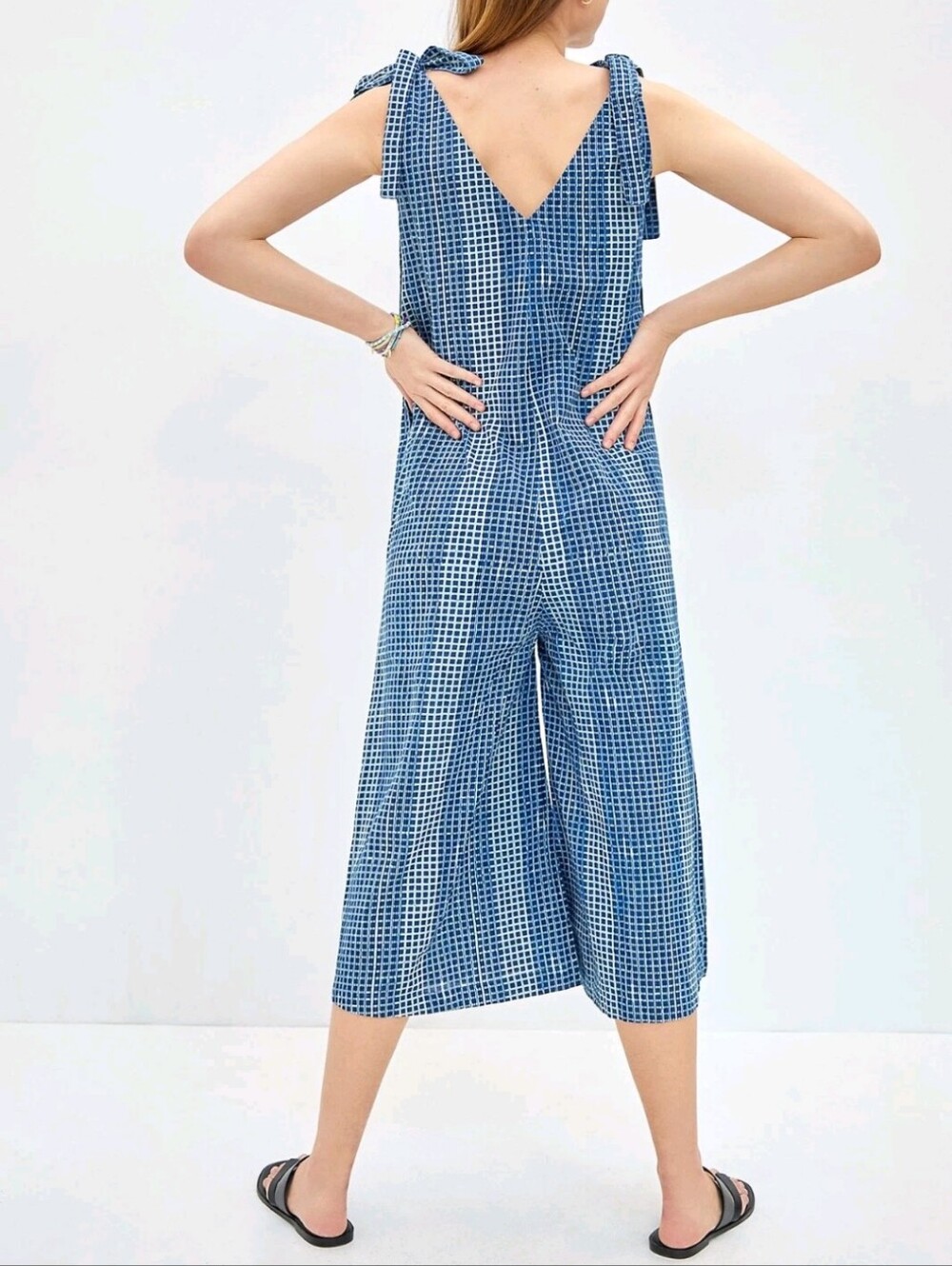Anthropologie Kopal Womens Blue Checker Tie-Shoulder Wide Leg Jumpsuit Size XS - Picture 3 of 15